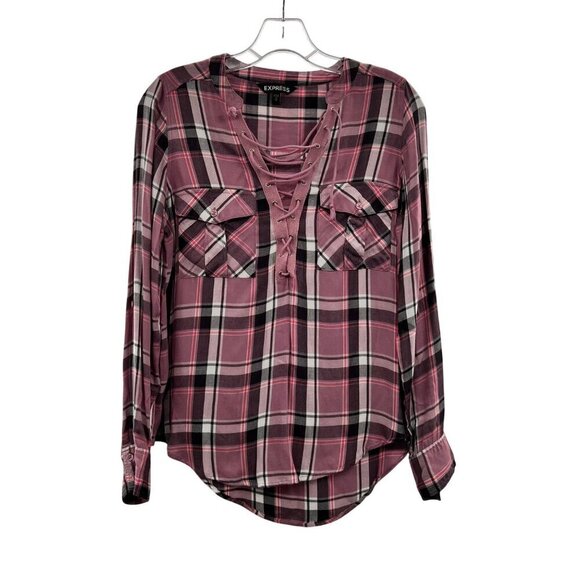 Express Women's Criss Cross Neck Long Sleeve Plaid Pullover Top Size XS - Picture 1 of 9